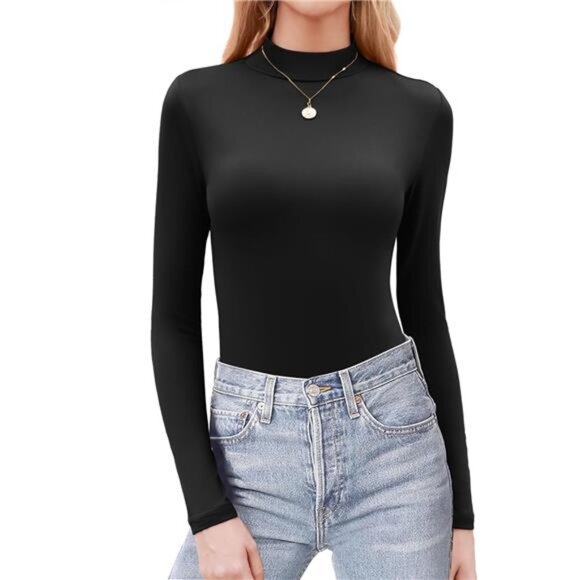 Women’s Mock Turtleneck Long Sleeve Top | Slim Fit Stretchy Basic Shirt - Picture 2 of 5